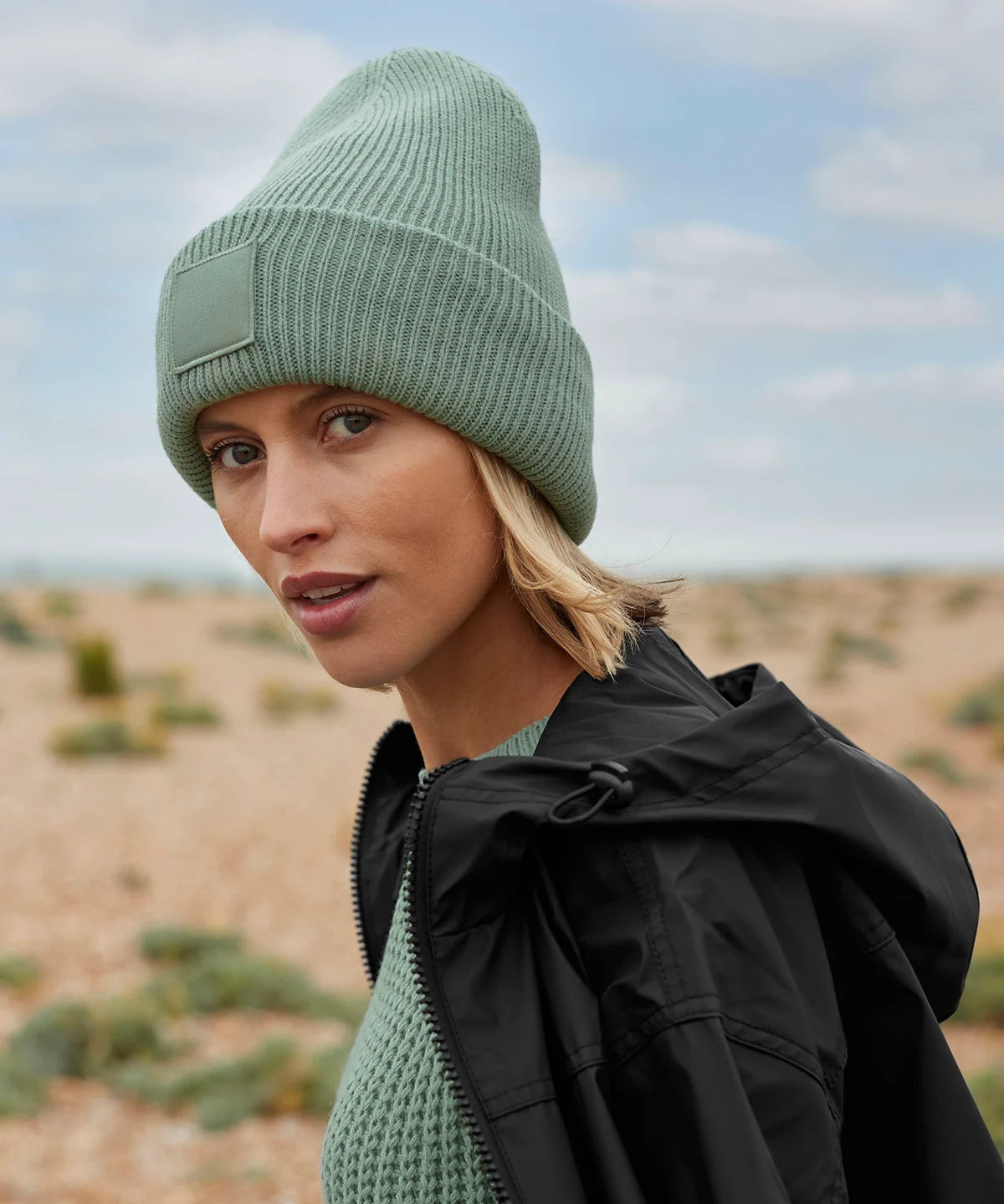 Deep-cuffed tonal patch beanie