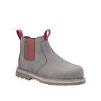 Gray Chelsea boot with red pull handles on a white background