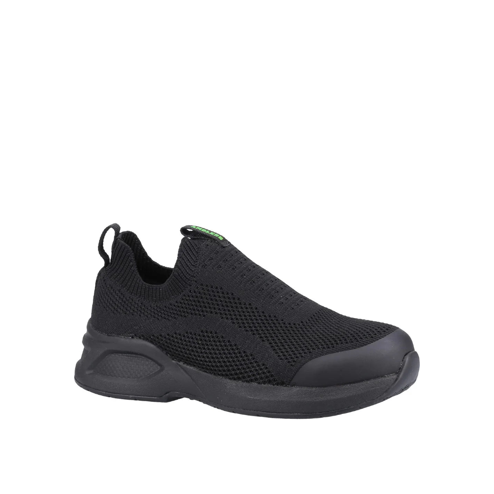 Black slip-on sneaker with a white background