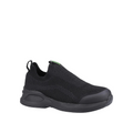 Black slip-on sneaker with a white background