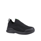 Black slip-on sneaker with a white background