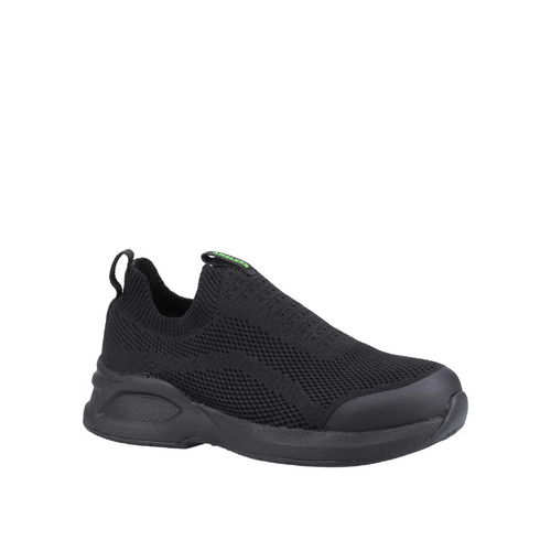 Black slip-on sneaker with a white background