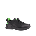 Black athletic shoe with green accents on a white background