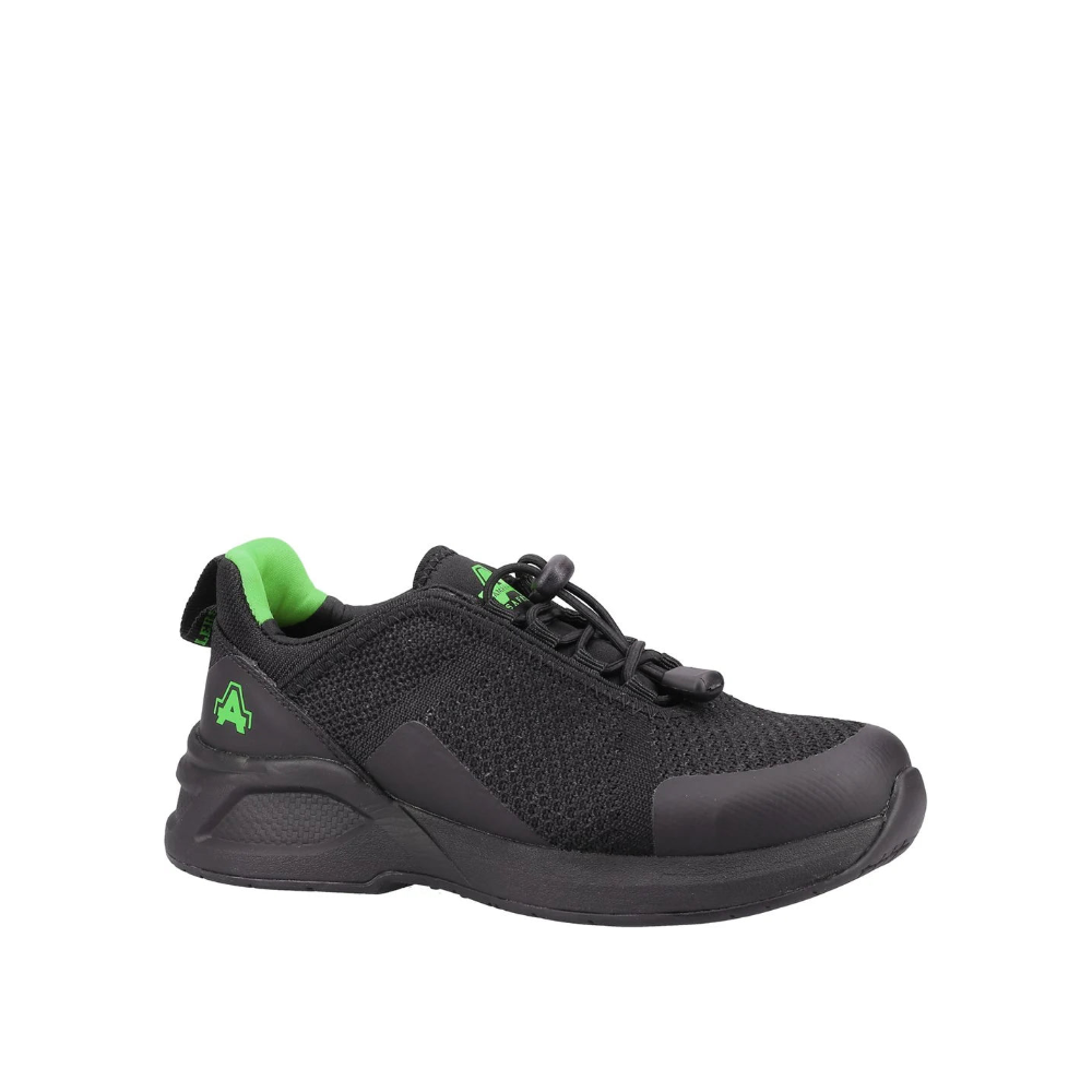 Black athletic shoe with green accents on a white background