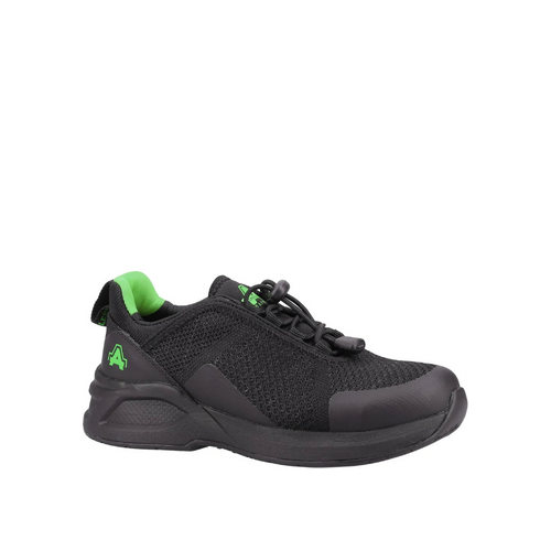 Black athletic shoe with green accents on a white background