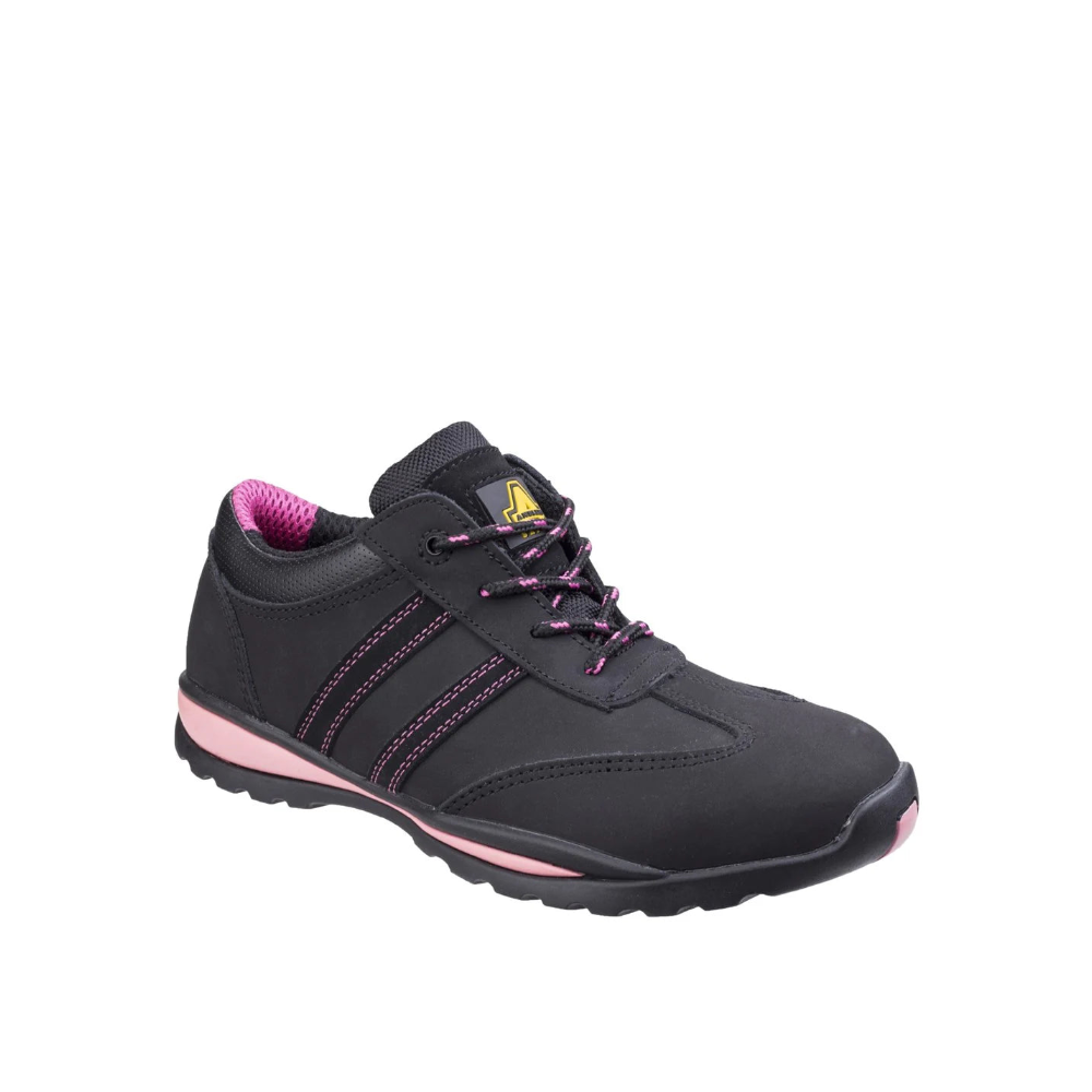 Black and pink sneaker with a visible brand logo on a white background