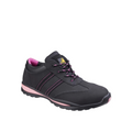 Black and pink sneaker with a visible brand logo on a white background