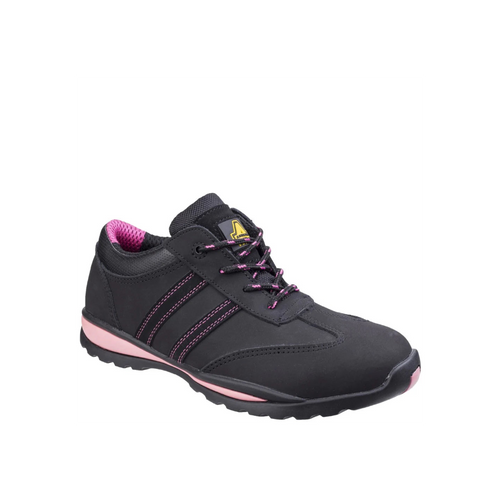 Black and pink sneaker with a visible brand logo on a white background