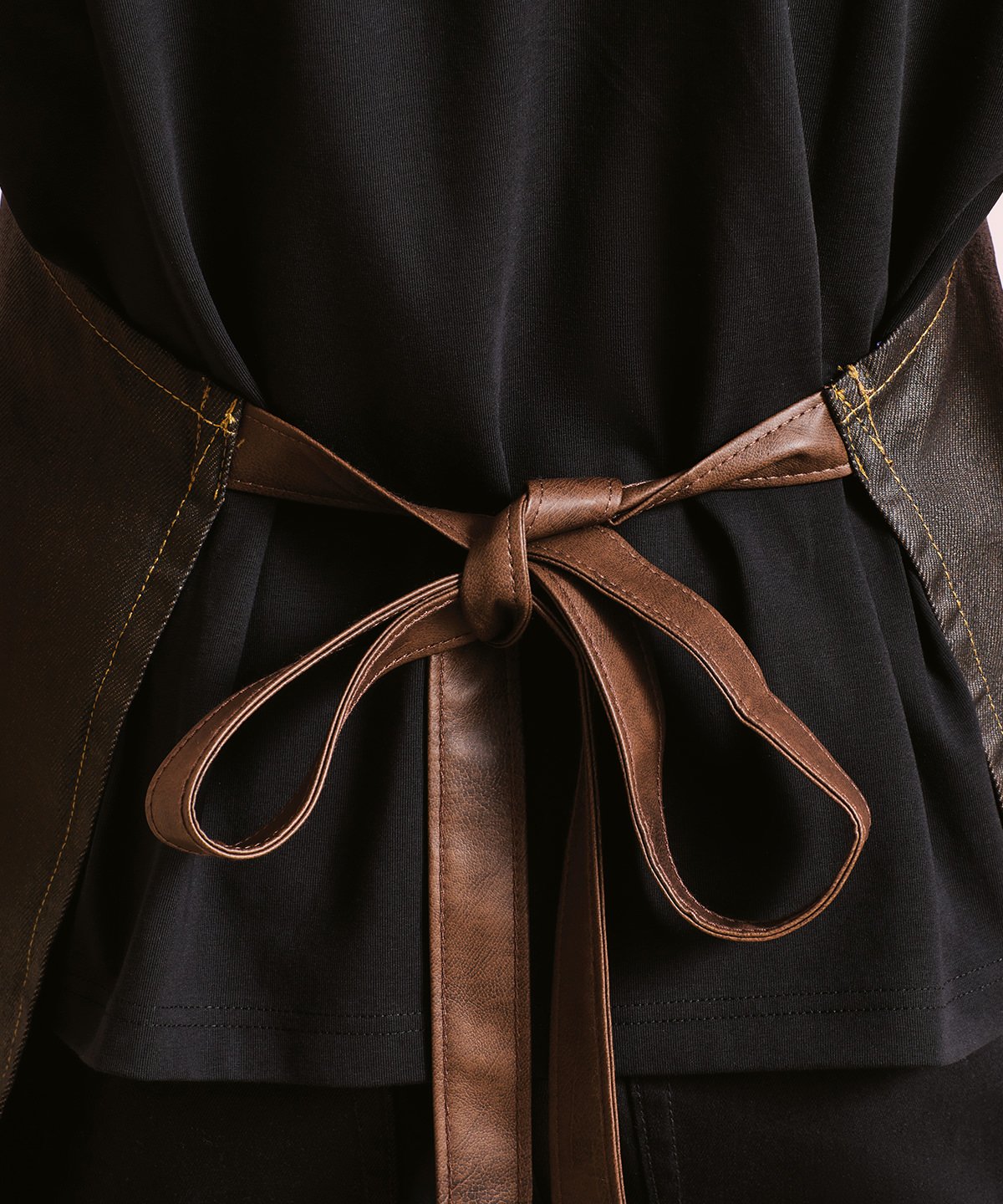 Division waxed-look denim bib apron with faux leather